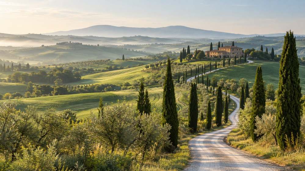 Paesaggio toscano luminoso con colline, cipressi e casolare